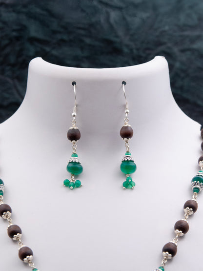 Green Onyx Pendant Silver Tulasi Mala Earring Set