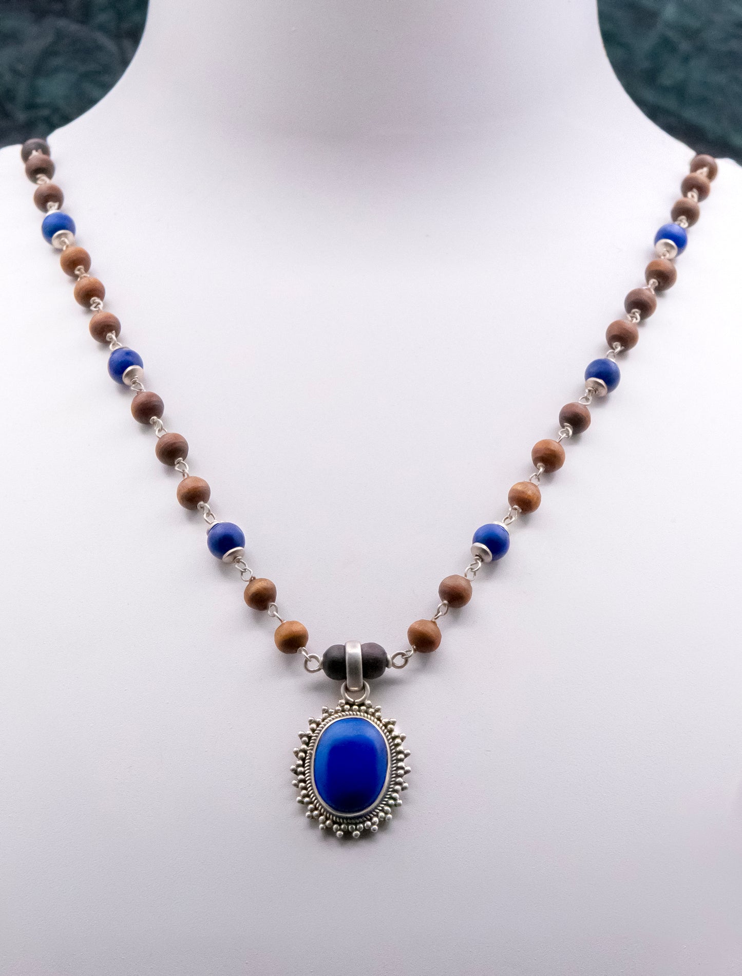 Lapis Lazuli Pendent Silver Tulasi Mala - Earring set