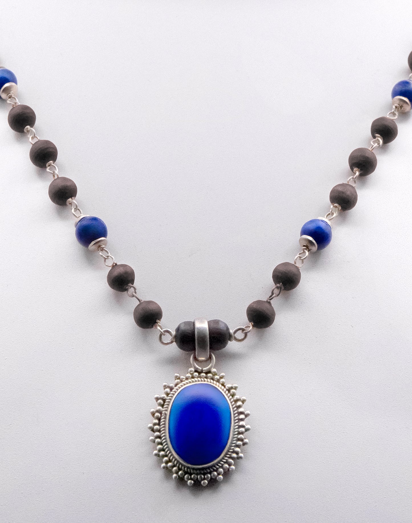 Lapis Lazuli Pendent Silver Tulasi Mala - Earring set