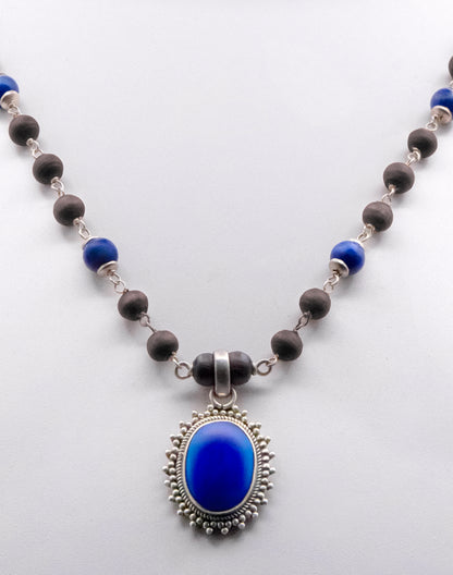 Lapis Lazuli Pendent Silver Tulasi Mala - Earring set