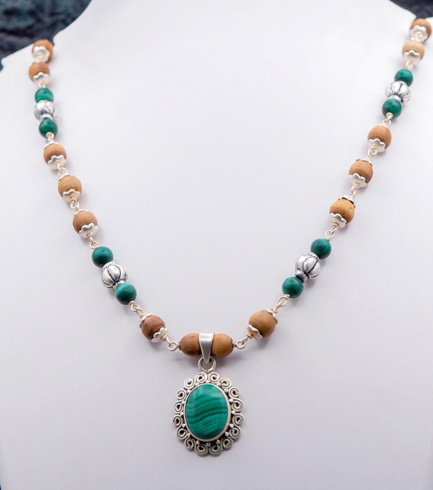 Malachite with Silver beads Earring Mala Set