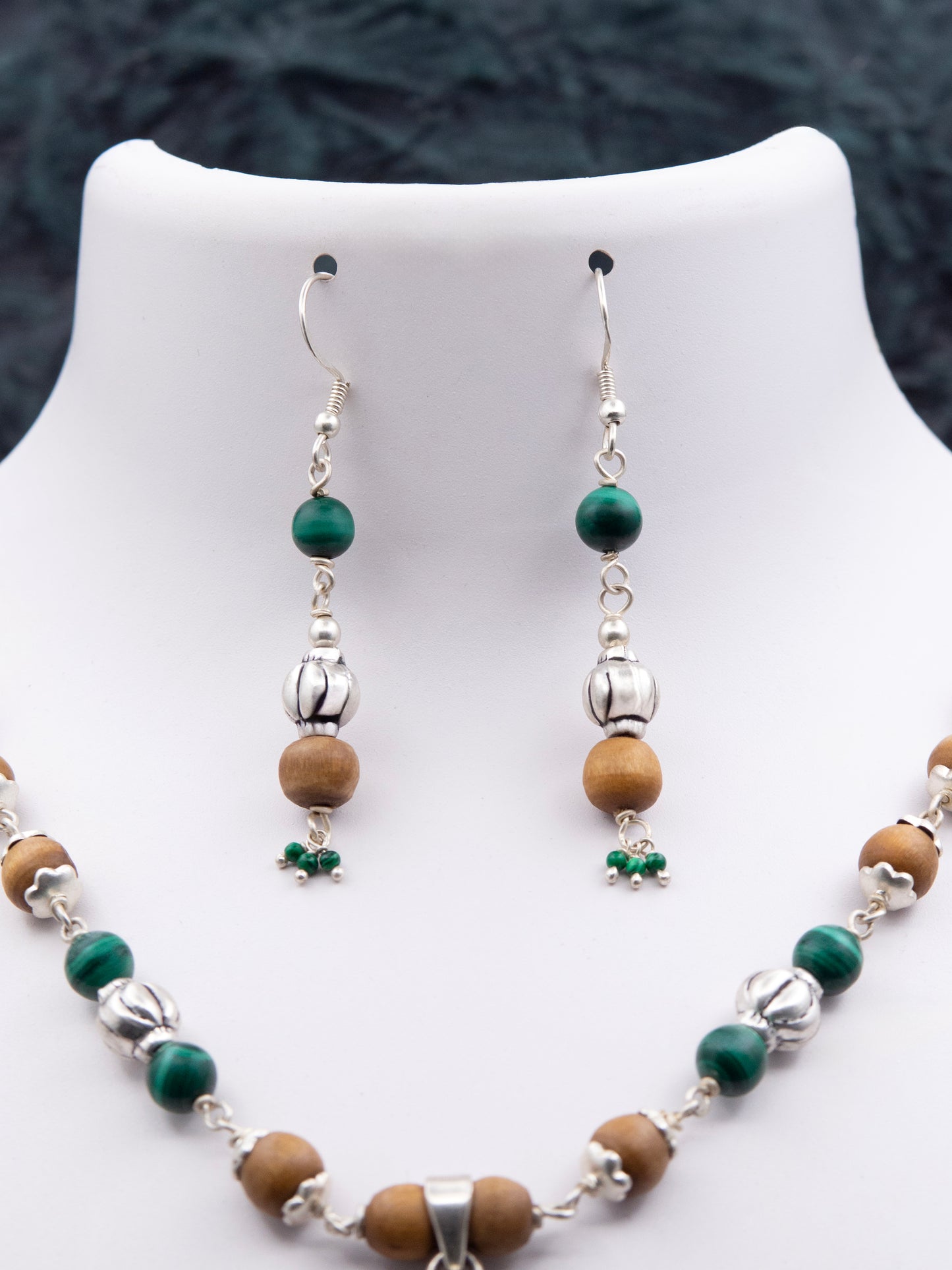 Malachite with Silver beads Earring Mala Set