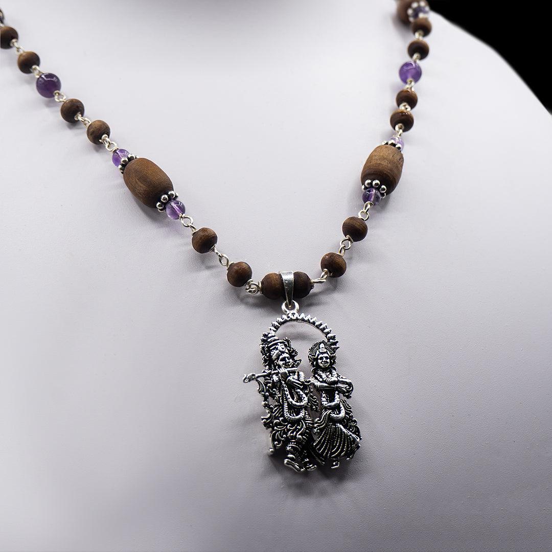 Amethyst Tulasi Mala with Radha Krishna Pendant and Earrings