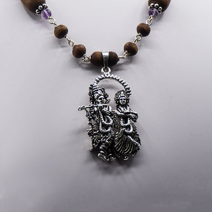 Amethyst Tulasi Mala with Radha Krishna Pendant and Earrings