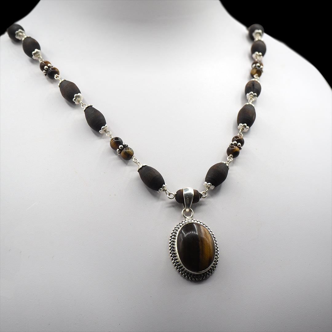 Tigerstone Silver Tulasi Kanti Mala With a Round Pendant.