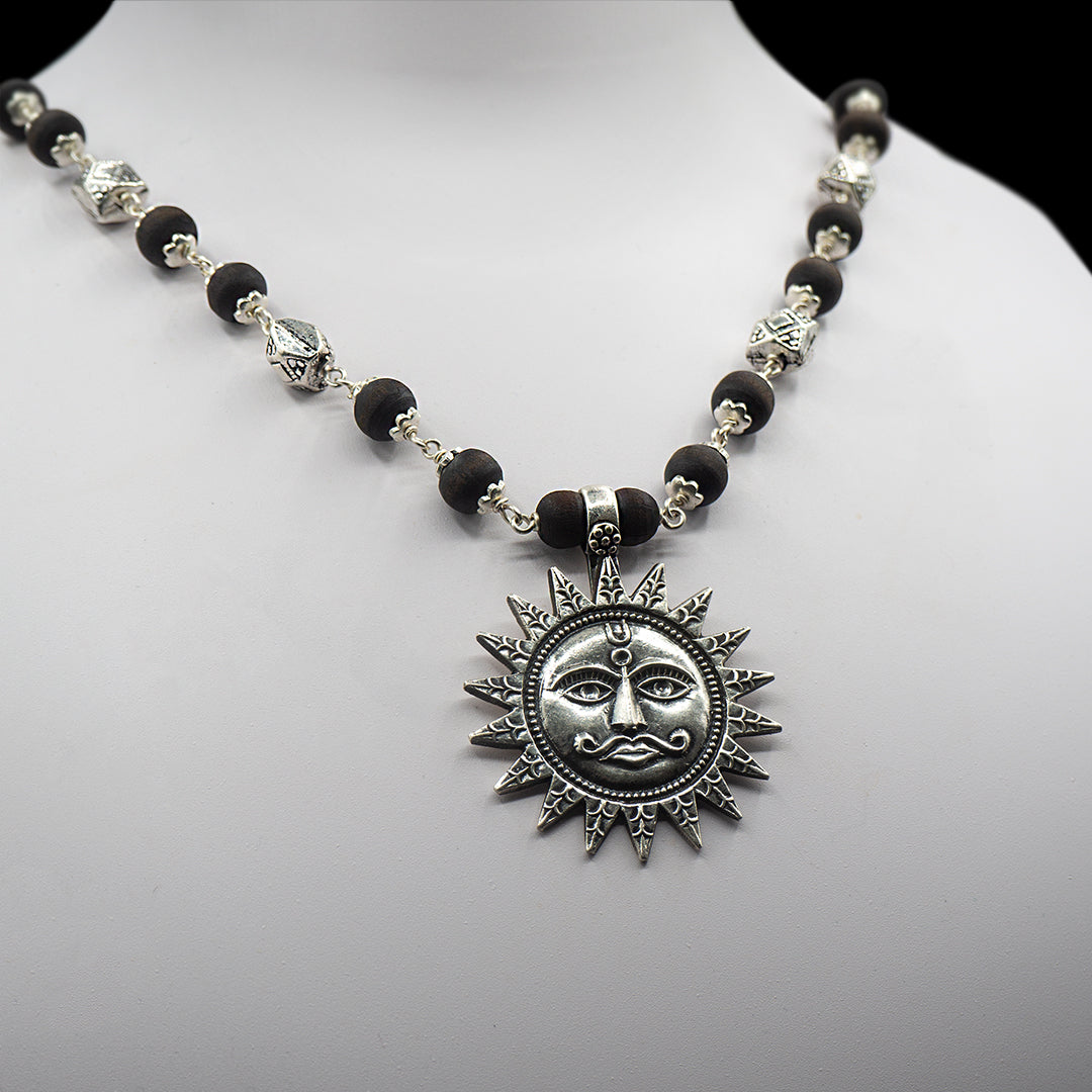 Silver Tulasi Kanti Mala with a Surya-Dev Pendant.