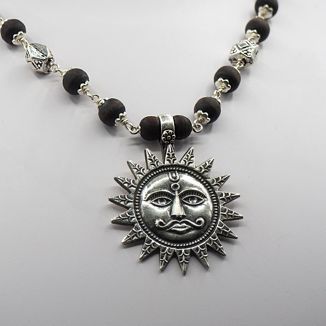 Silver Tulasi Kanti Mala with a Surya-Dev Pendant.