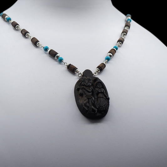 Turquoise stones Mala with Wood Carved Radha Krishna Pendant