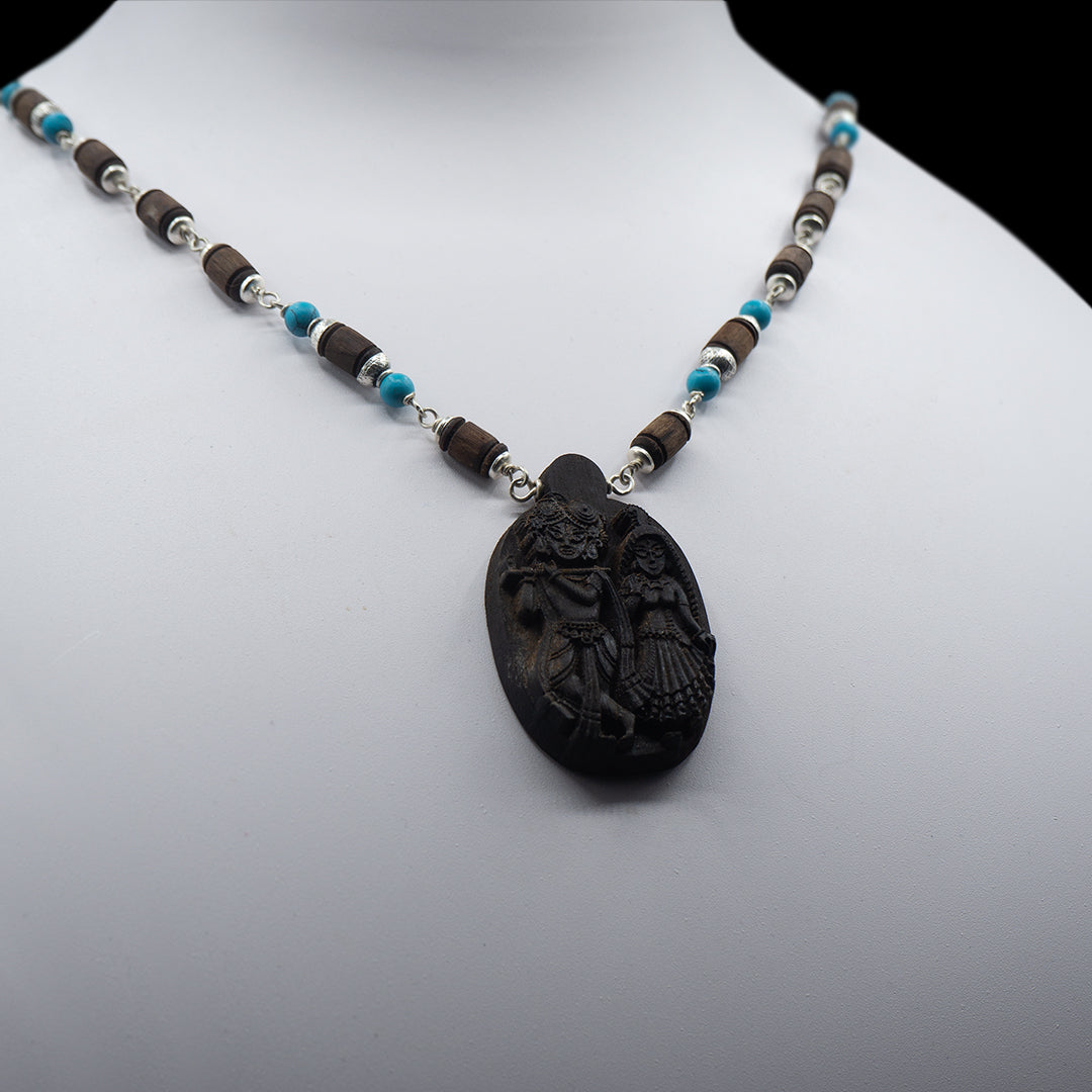 Turquoise stones Mala with Wood Carved Radha Krishna Pendant — photo 1
