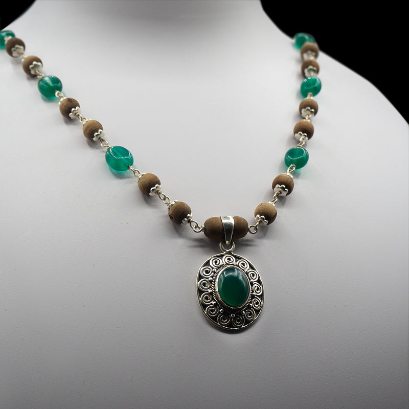 Green Onyx Pendant Silver Tulasi Mala Earring Set