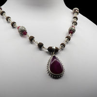 Pink Jade Engraved Silver Beads Mala - Earring Set