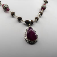 Pink Jade Engraved Silver Beads Mala - Earring Set