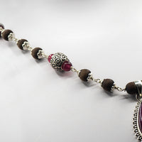 Pink Jade Engraved Silver Beads Mala - Earring Set