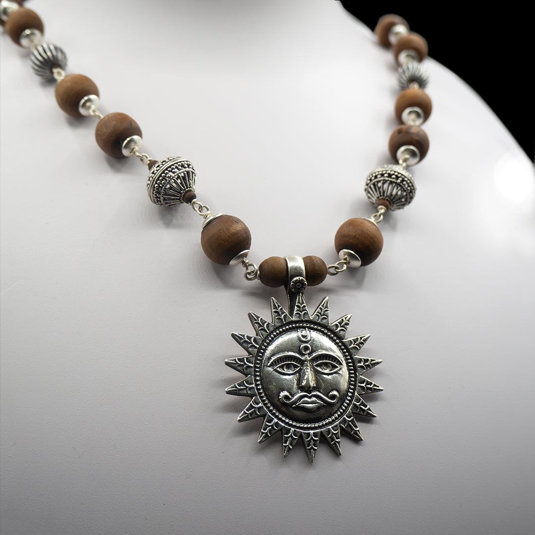 Large Brown Silver Tulasi Mala with Surya Pendant.