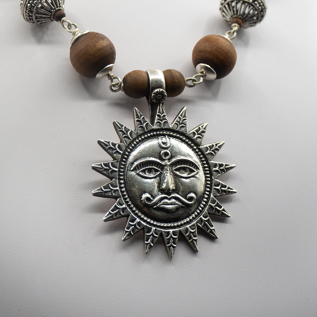 Large Brown Silver Tulasi Mala with Surya Pendant.