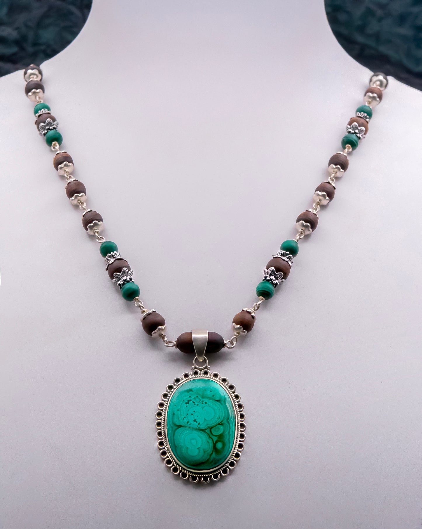 Malachite Pendent with Lotus Cap Earring Mala Set