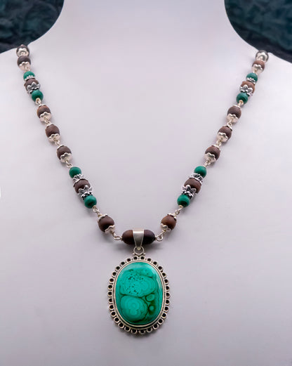 Malachite Pendent with Lotus Cap Earring Mala Set
