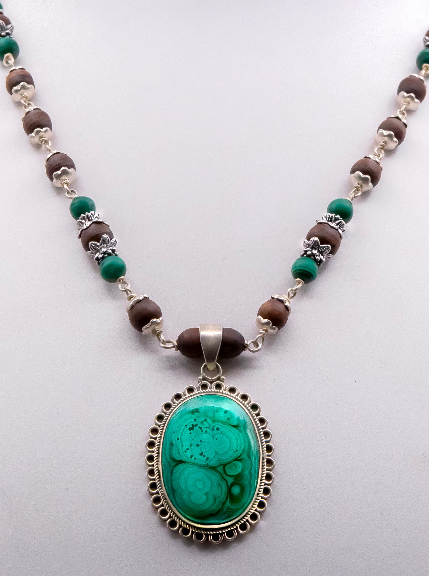 Malachite Pendent with Lotus Cap Earring Mala Set