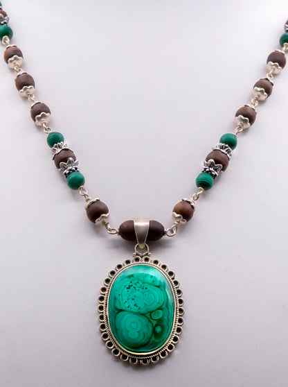 Malachite Pendent with Lotus Cap Earring Mala Set