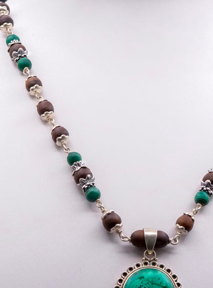 Malachite Pendent with Lotus Cap Earring Mala Set