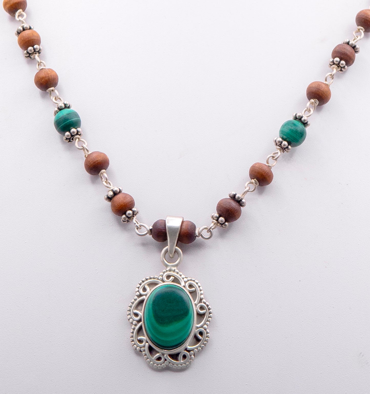 Malachite Pendent with Silver beads Earring Mala Set