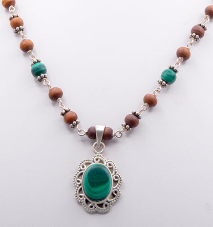 Malachite Pendent with Silver beads Earring Mala Set