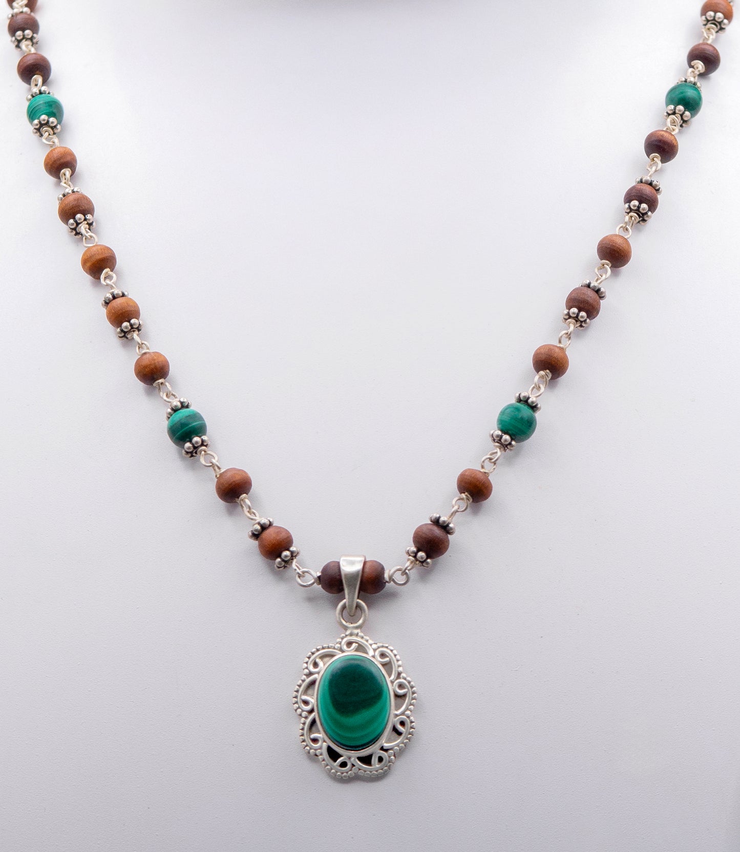 Malachite Pendent with Silver beads Earring Mala Set