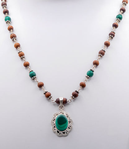 Malachite Pendent with Silver beads Earring Mala Set