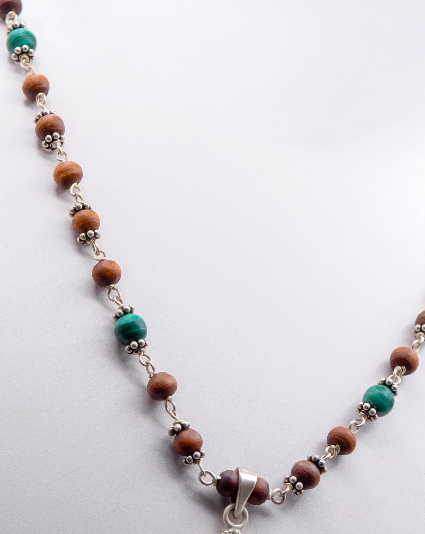 Malachite Pendent with Silver beads Earring Mala Set