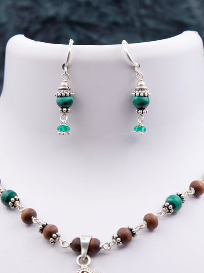 Malachite Pendent with Silver beads Earring Mala Set
