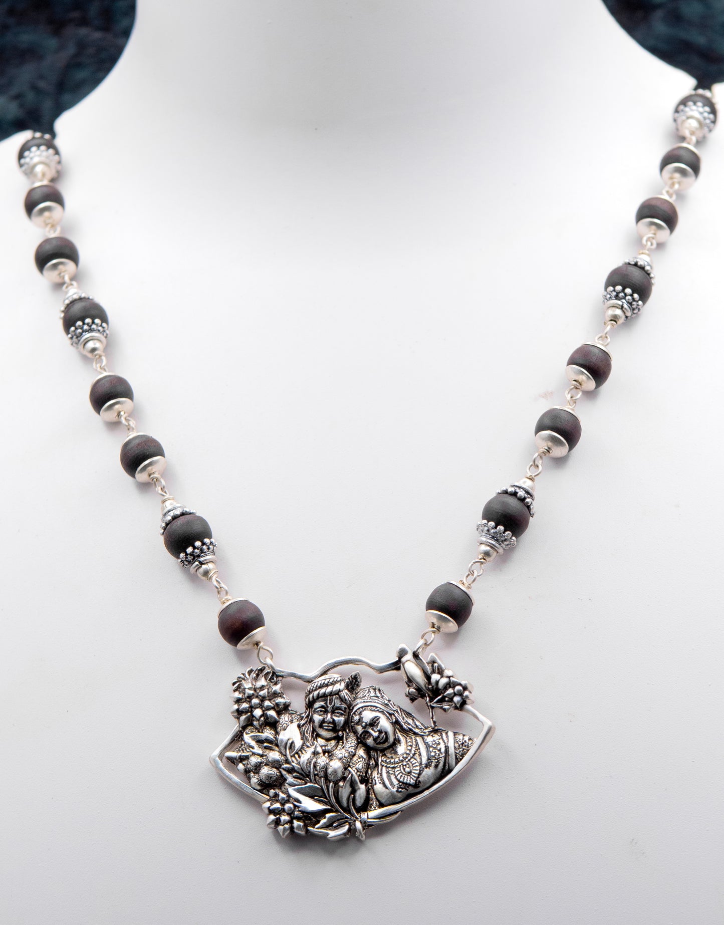 Radha Krishna Pendant Silver Tulasi Mala