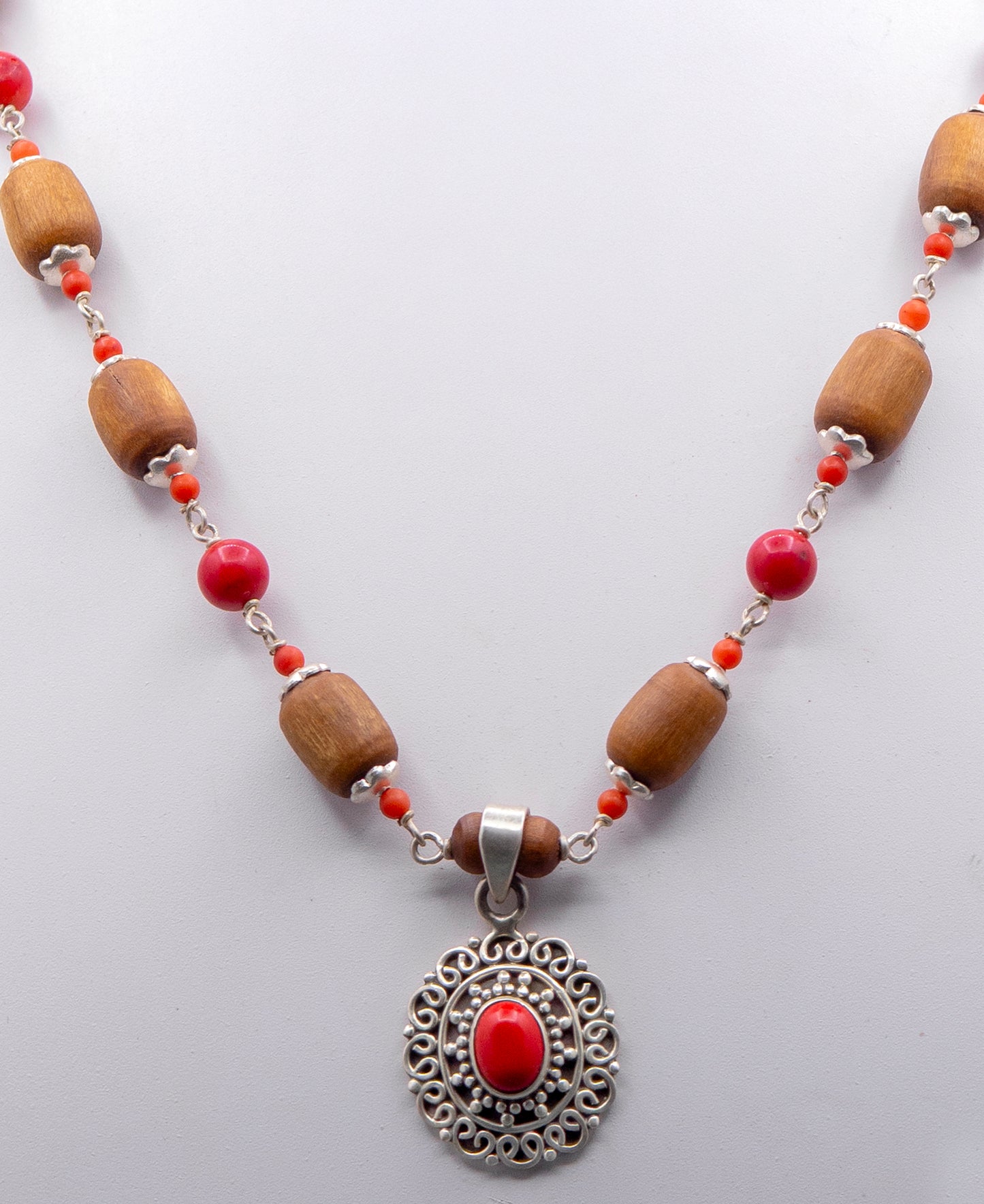 Red Coral Pendent Silver Tulasi Mala Earring set.