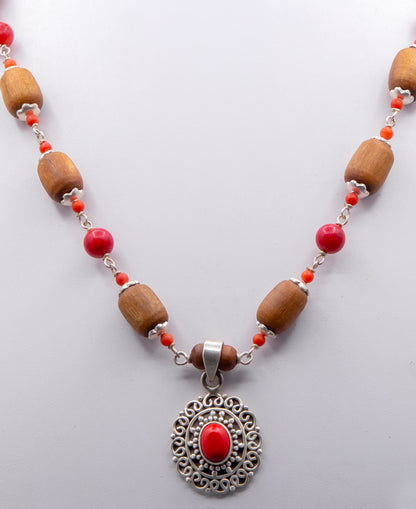 Red Coral Pendent Silver Tulasi Mala Earring set.