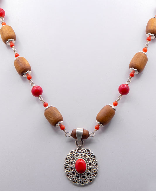 Red Coral Pendent Silver Tulasi Mala Earring set.