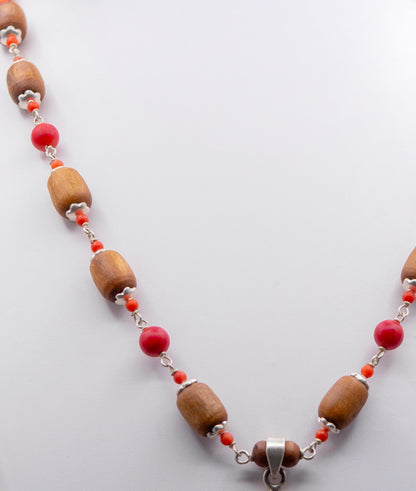 Red Coral Pendent Silver Tulasi Mala Earring set.