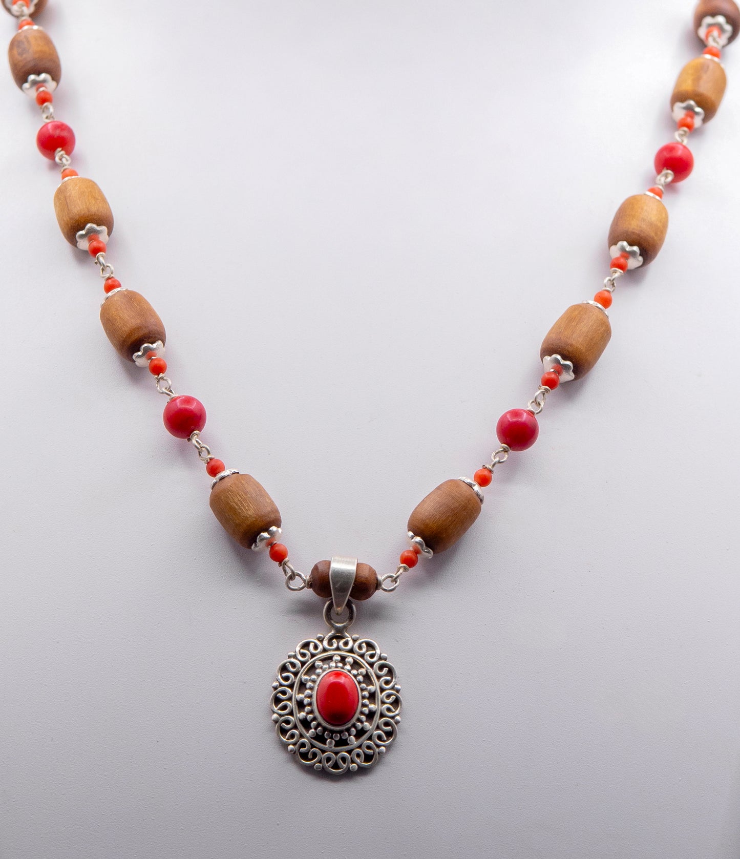 Red Coral Pendent Silver Tulasi Mala Earring set.