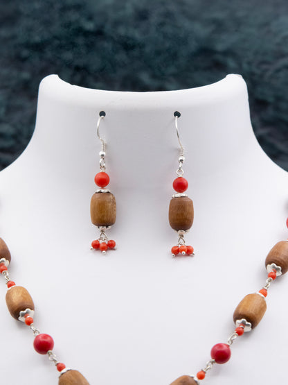 Red Coral Pendent Silver Tulasi Mala Earring set.