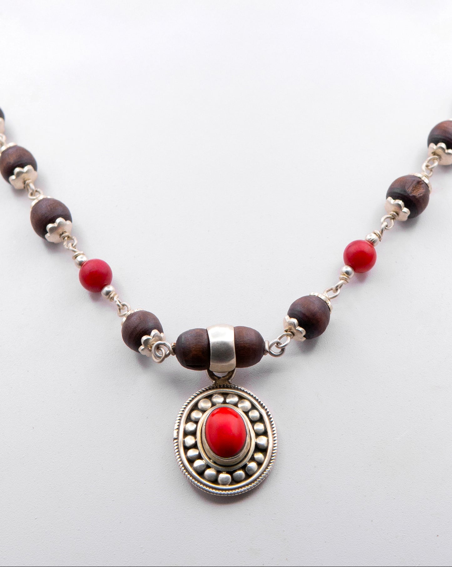 Red Coral Pendent Silver Tulasi Mala Earring set.