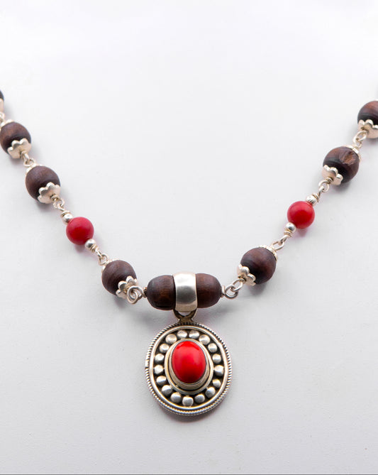 Red Coral Pendent Silver Tulasi Mala Earring set.