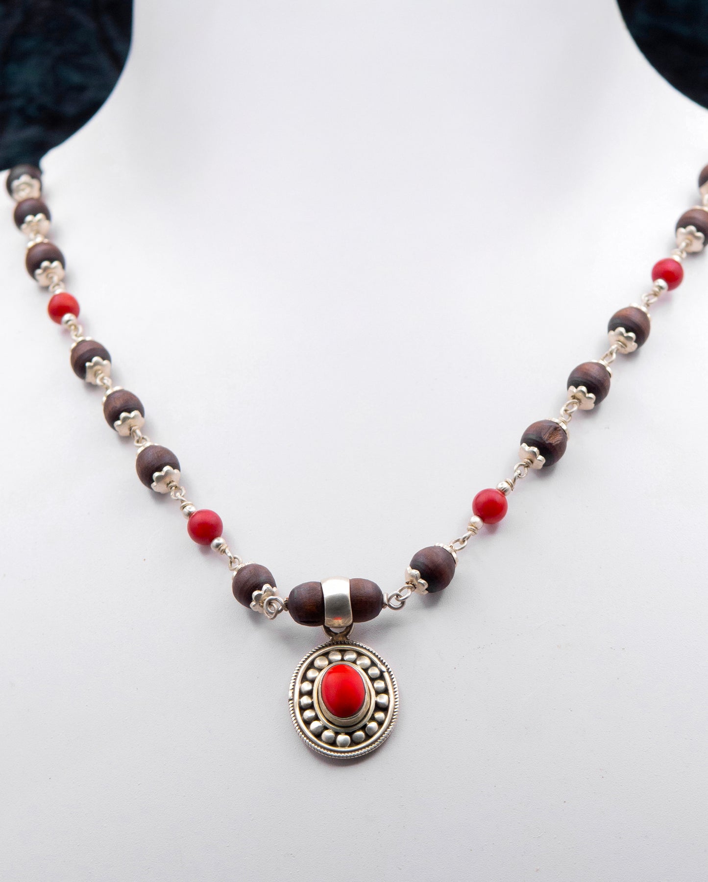 Red Coral Pendent Silver Tulasi Mala Earring set.