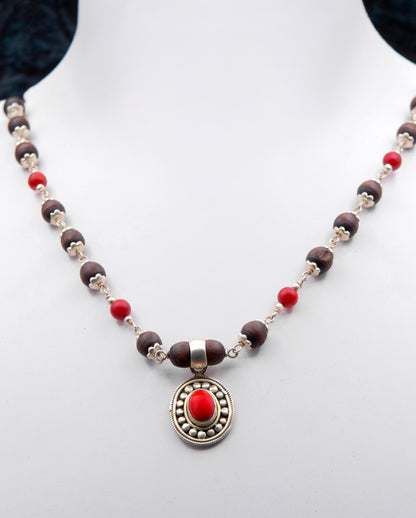 Red Coral Pendent Silver Tulasi Mala Earring set.