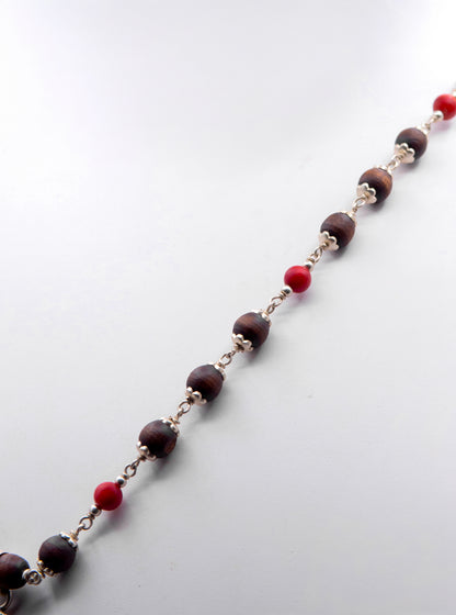 Red Coral Pendent Silver Tulasi Mala Earring set.