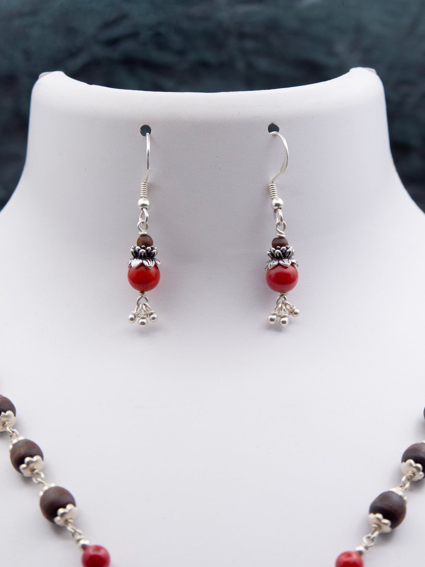 Red Coral Pendent Silver Tulasi Mala Earring set.