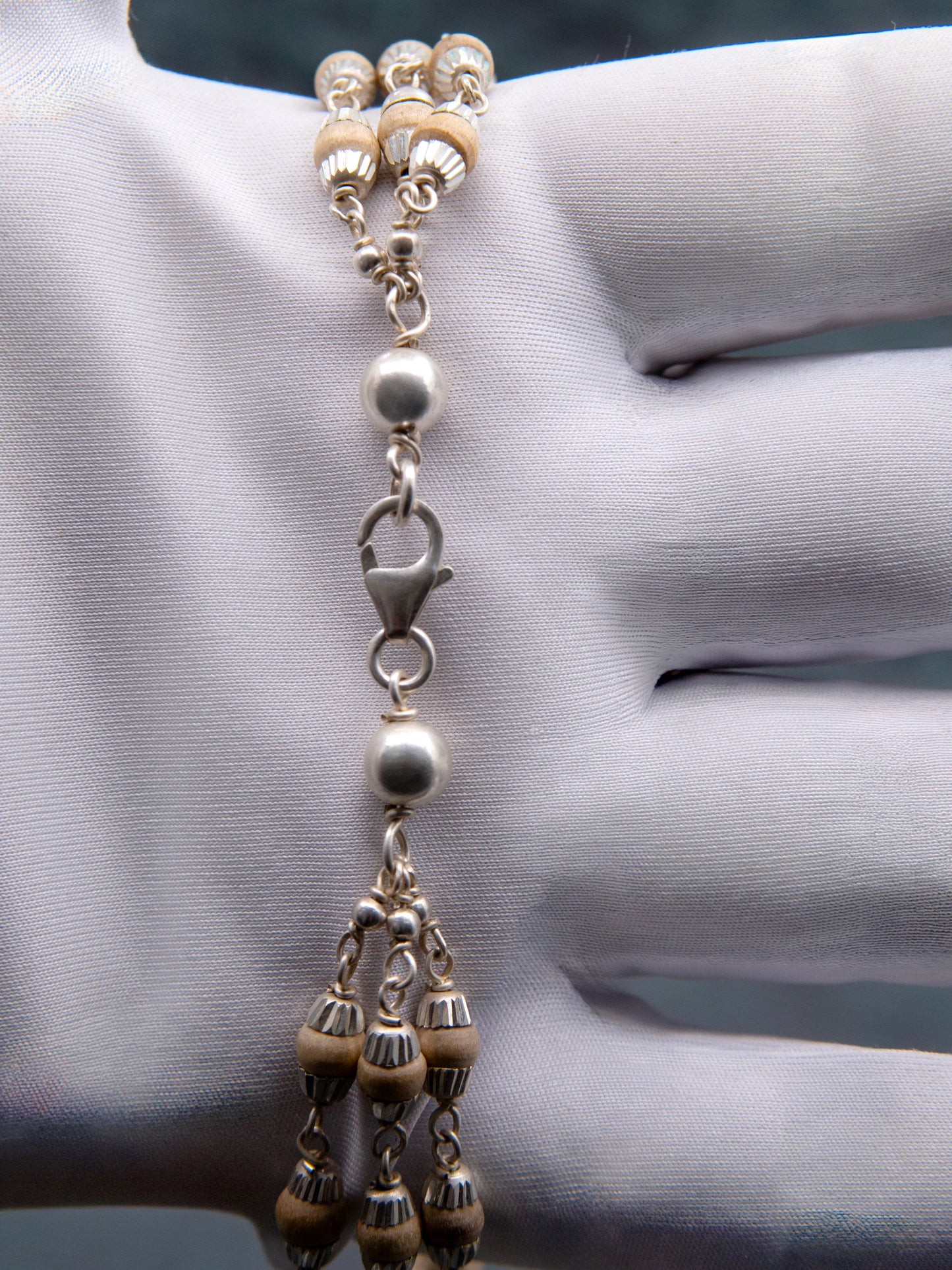 White 3 Round Silver Tulasi Mala