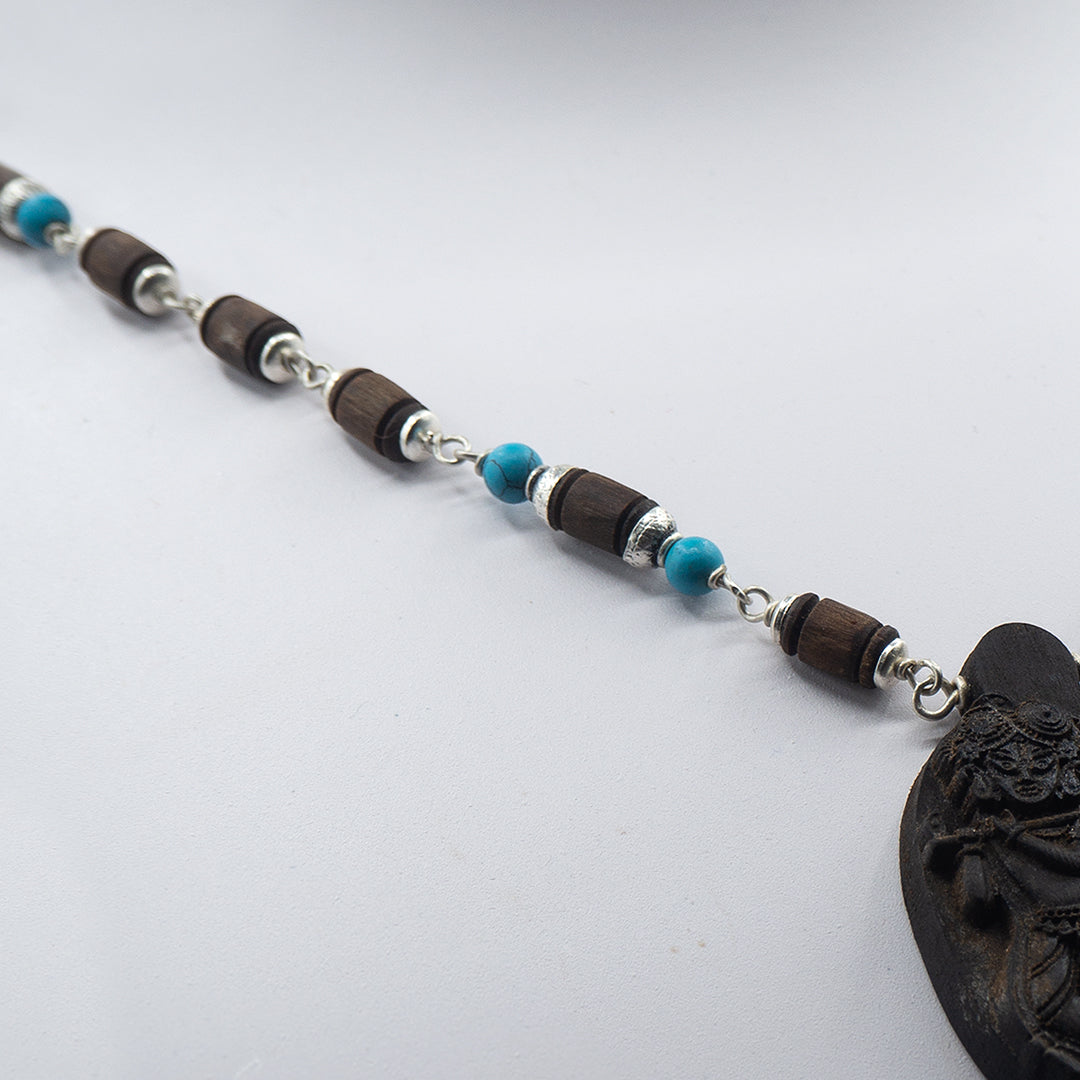 Turquoise stones Mala with Wood Carved Radha Krishna Pendant — photo 2